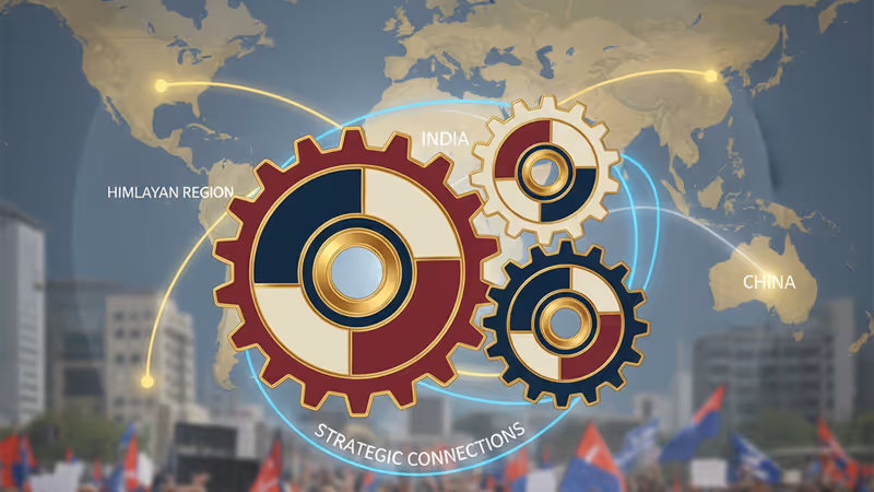 尼泊爾加德滿都街頭，象徵三強聯盟崛起的大型海報與古老建築對比