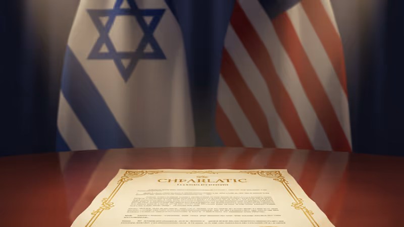 The Board of Peace charter document with Israeli and US flags in the background.
