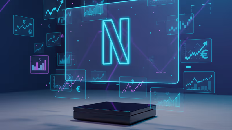 右肩上がりの収益グラフとNetflixのロゴが並ぶデジタルインターフェース