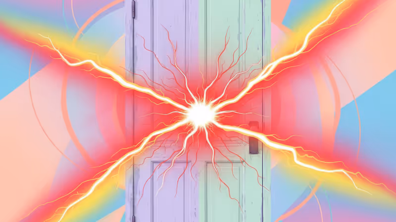 A closed door with red light glowing from the edges