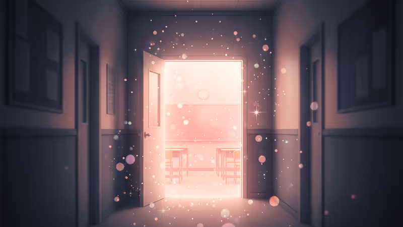 薄暗い教室の机に当たるスポットライトと物々しい影