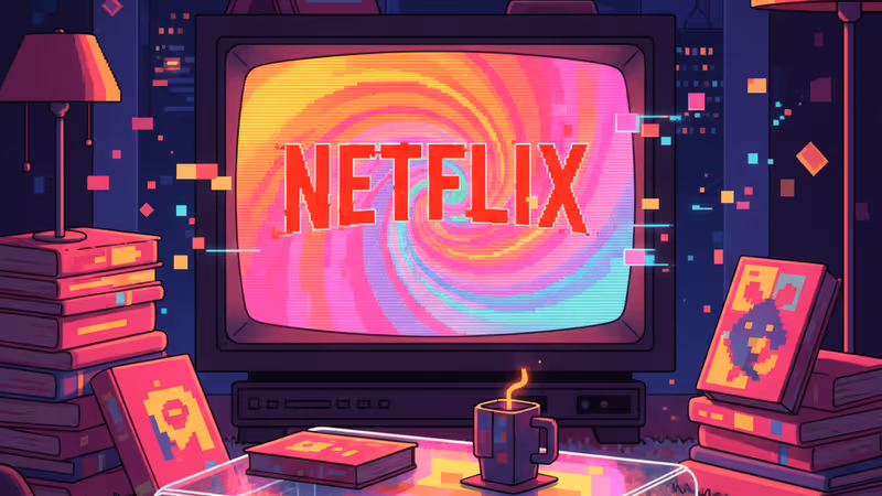 어두운 거실에서 넷플릭스 스릴러를 시청하는 모습과 할란 코벤 소설들