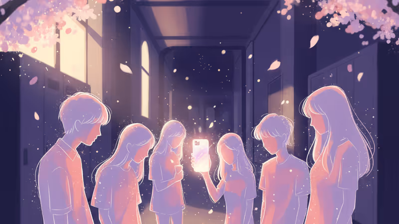 Students staring at a glowing phone in a dark school hallway