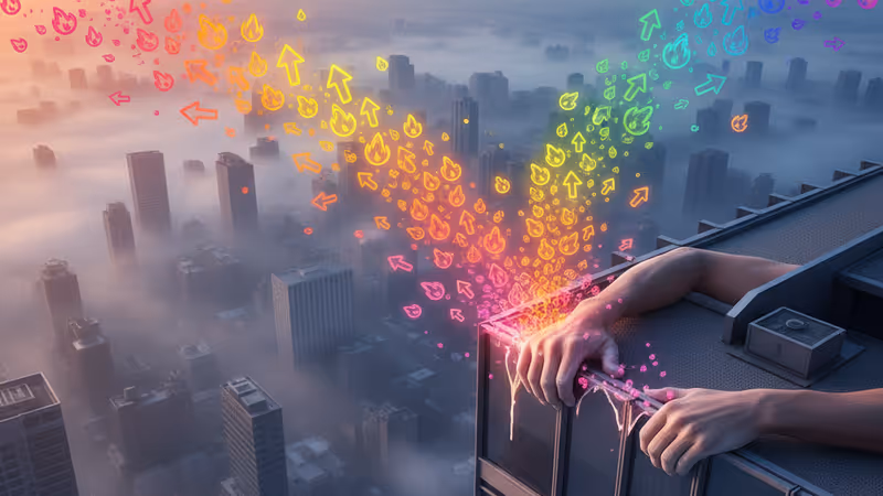 타이베이 101 빌딩 외벽을 붙잡고 있는 등반가의 손과 안개 낀 도시 전경