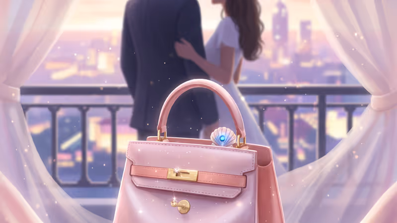 Close-up of luxury items with the main characters of The Art of Sarah in the background