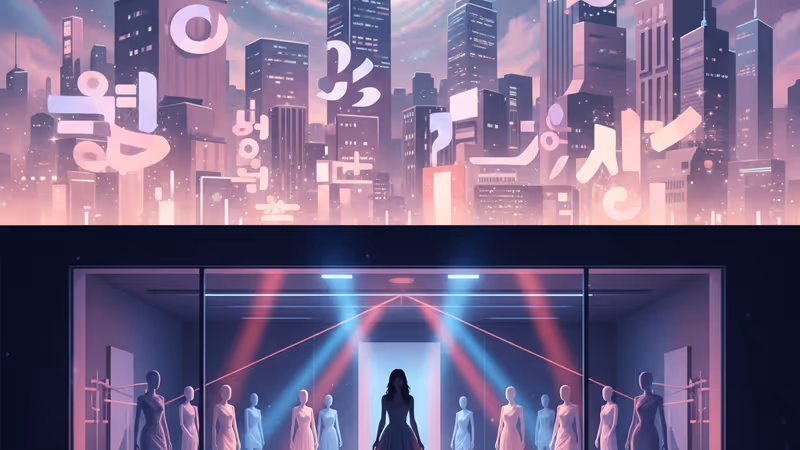 부서진 명품 매장 쇼윈도에 비친 신혜선의 얼굴과 그를 지켜보는 실루엣