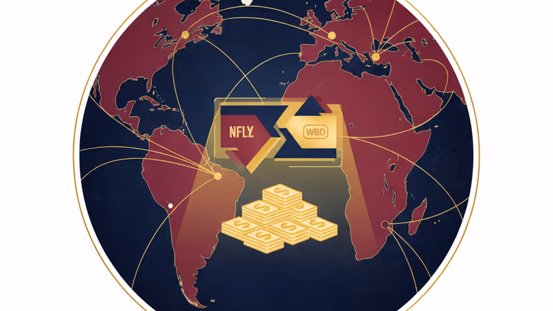 Conceptual art of Netflix and Warner Bros merger with stock market data and cash icons