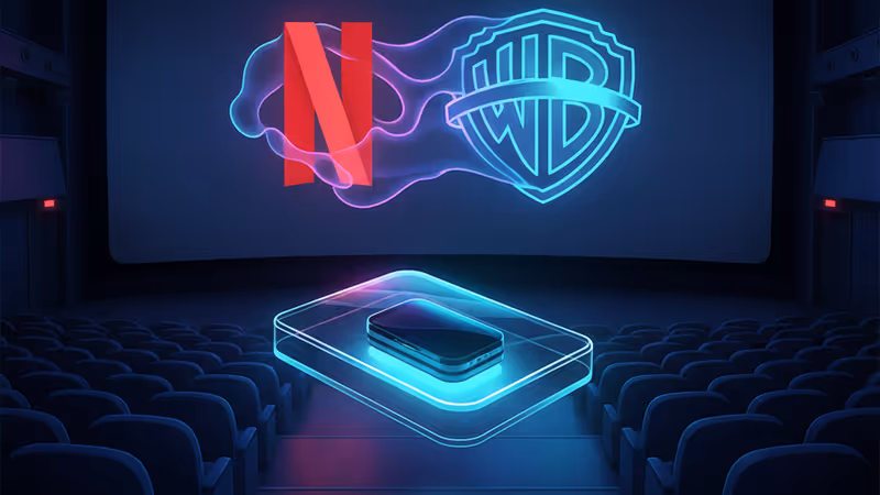 Interior of a cinema with merging Netflix and WBD logos on screen