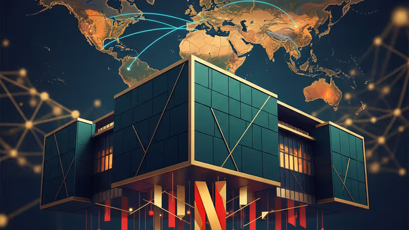 Netflix logo and falling stock charts over a Davos background