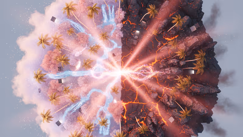 地獄島と天国島をイメージした対照的な背景と参加者のシルエット