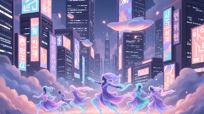 ビルボードチャートを背景にポーズをとるKPop Demon Huntersのキャラクター