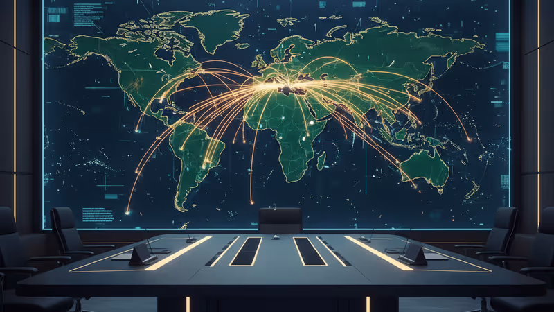 베이징 AIIB 본부의 현대적인 건물 외관과 글로벌 금융 네트워크 이미지