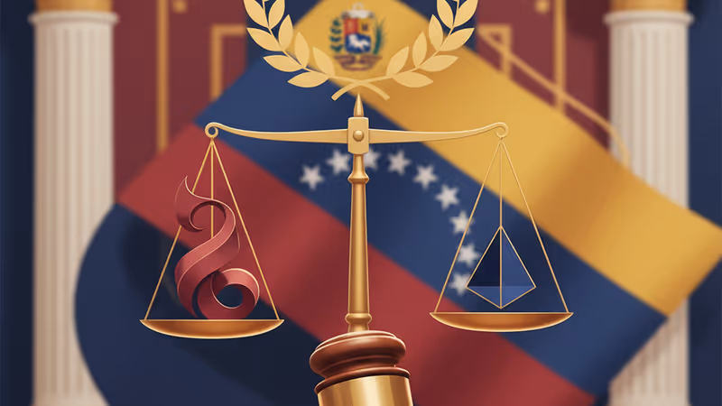 A judge's gavel in a New York courtroom with a blurred Venezuelan flag in the background