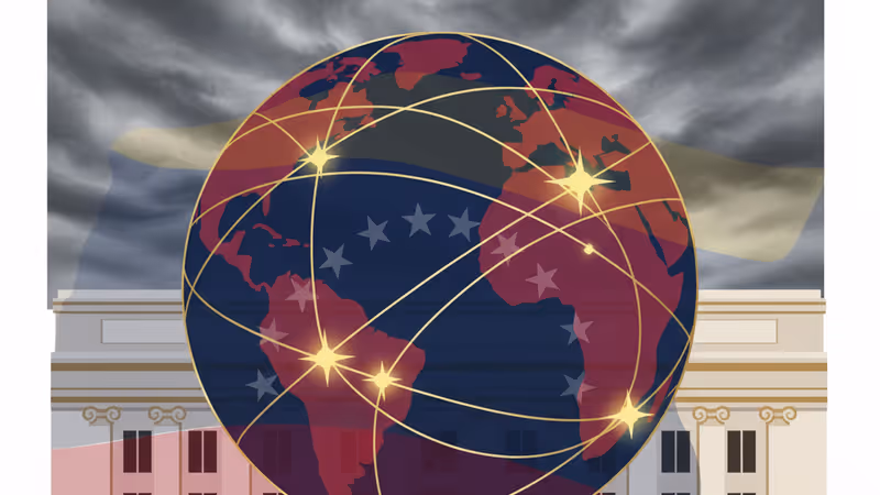 The exterior of a New York courthouse with a ghosted Venezuelan flag