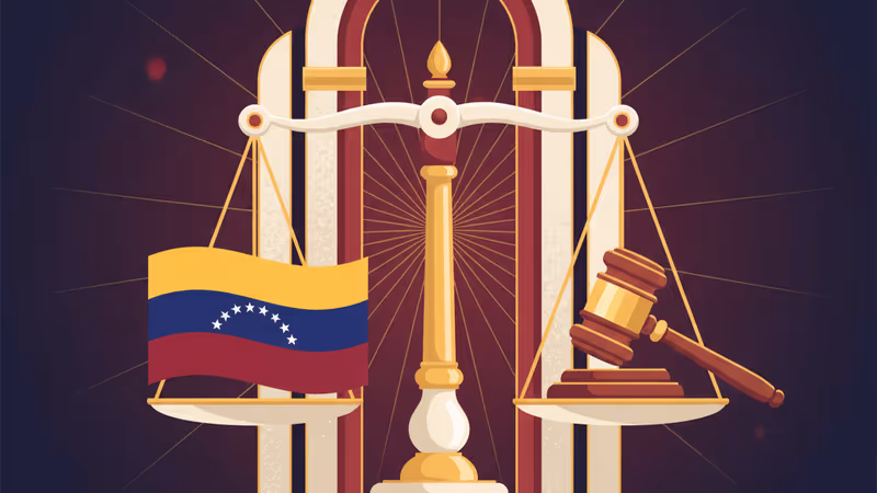 A gavel resting on a table with a blurred Venezuelan flag in the background