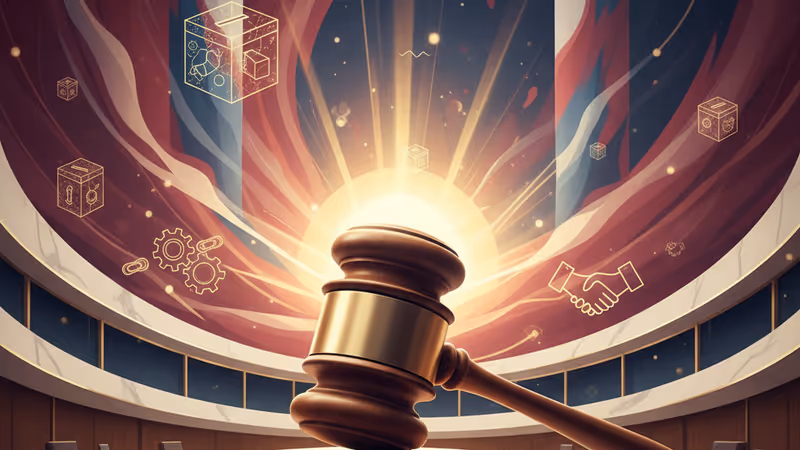 A courtroom gavel with the Venezuelan flag in the background