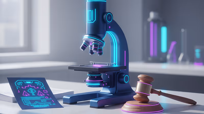 研究室の顕微鏡と背後に置かれた裁判の木槌