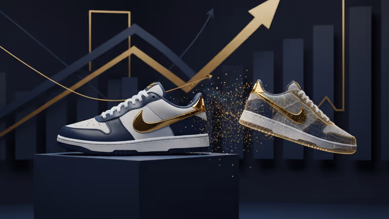 デジタルスニーカーが消えていくナイキのロゴ背景イメージ