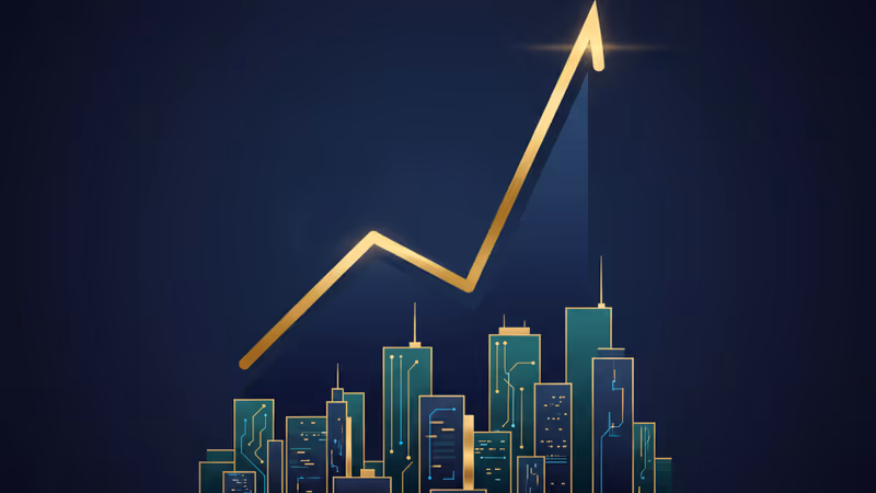 사상 최고치를 경신한 닛케이 지수 그래프와 도쿄 금융가 전경