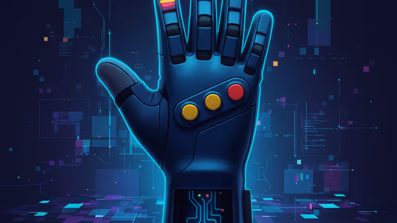 Close-up of the 1989 Nintendo Power Glove against a retro digital background