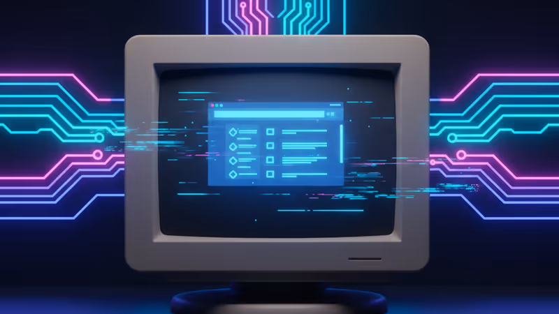 낡은 모니터 속 크레이그리스트 화면과 미래형 AI 배경