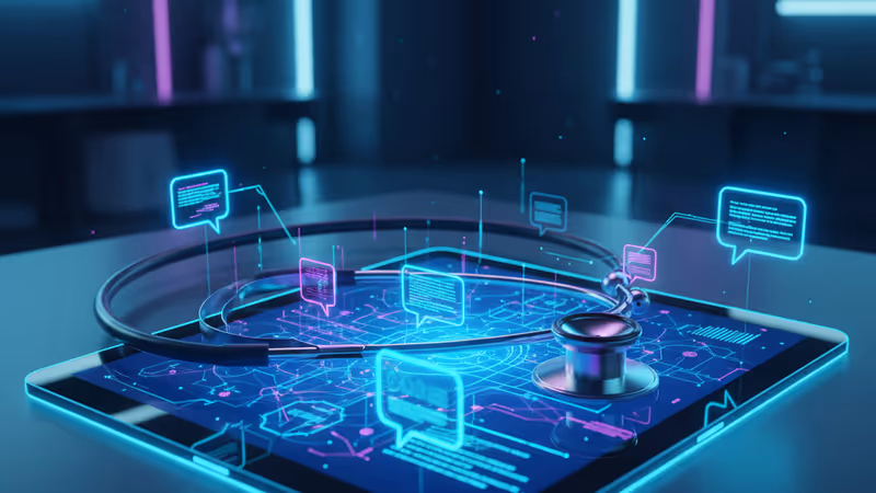 A digital medical environment featuring an AI chatbot screen and a stethoscope
