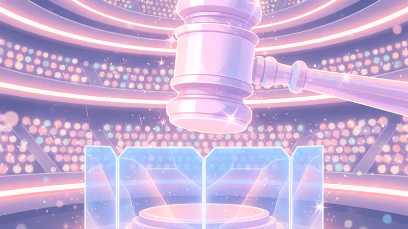 스트레이 키즈 보호를 상징하는 디지털 방패와 법봉 이미지