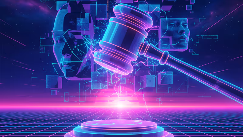 裁判の槌とデジタルデータが重なる英国のAI規制イメージ