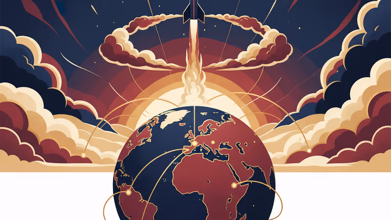 겨울 새벽 미사일 발사 실루엣과 긴장된 안보 상황