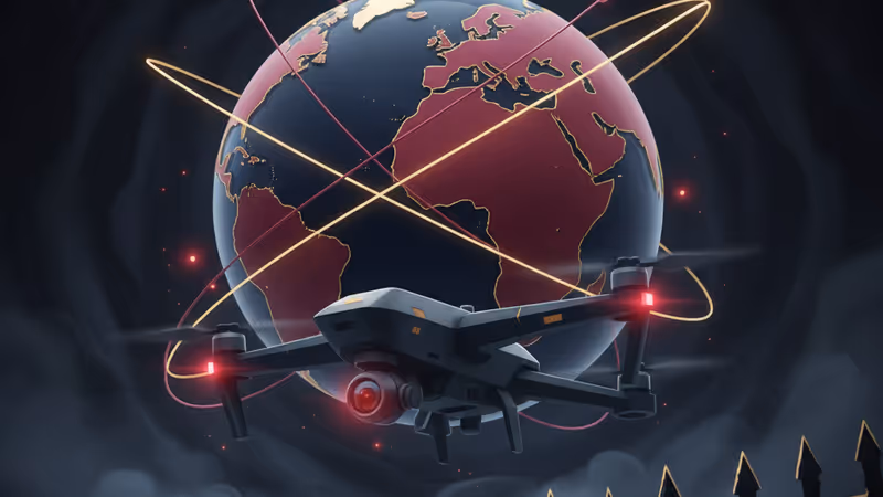 南北境界線付近の霧に包まれた山岳地帯を飛行する軍用無人機のイメージ