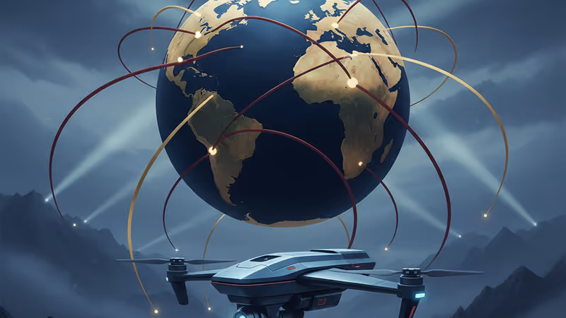 Silhouette of a surveillance drone flying over the misty DMZ