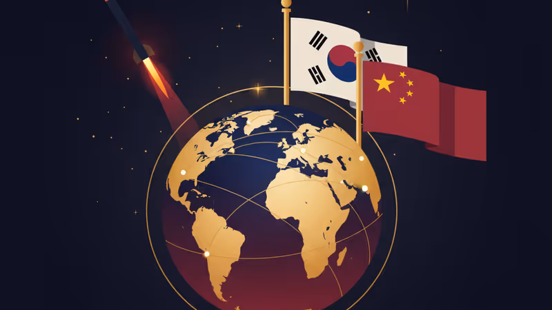 북한 미사일 발사 실루엣과 한중 국기의 대비