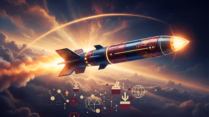 夜明けの空へ上昇する極超音速ミサイルの炎