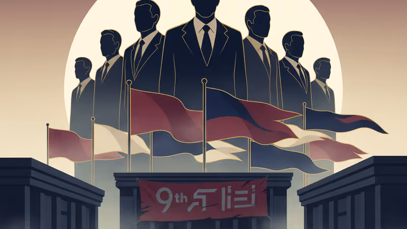 冬日平壤天空下飄揚的紅旗與遠景建築