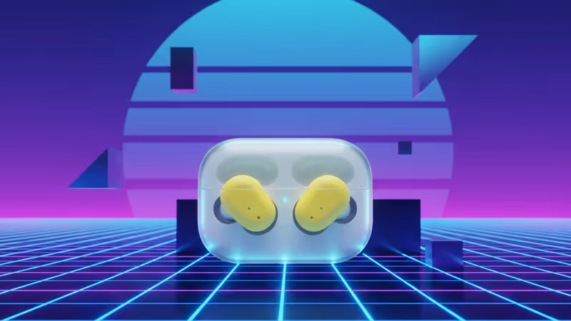 黃色 Nothing Ear (a) 耳機及其透明充電盒的特寫照