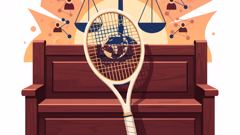 테니스 경기장을 배경으로 서 있는 노바크 조코비치의 옆모습