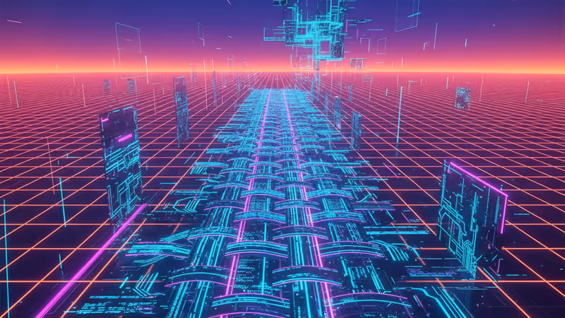 Futuristic view of a data center where AI is generating complex software code