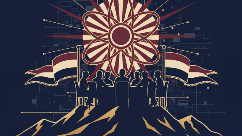 일본의 핵무장 가능성을 상징하는 디지털 시계와 동북아시아 지도