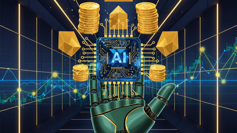 미래형 로봇 손과 결합된 빛나는 AI 반도체 칩 이미지