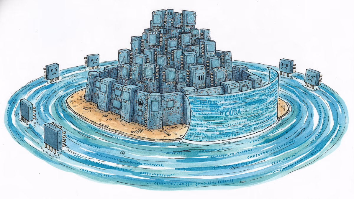 Editorial illustration: チップは追いつかれたのに、なぜエヌビディアは揺るがないのか — 堀の正体はCUDA
