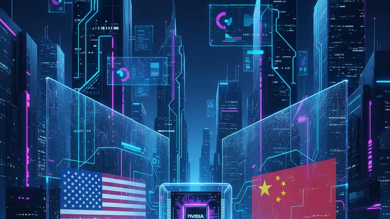 미·중 국기 사이의 엔비디아 H200 반도체 칩