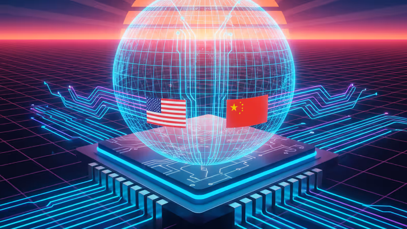 NvidiaのAIチップと米中の国旗を象徴するイメージ