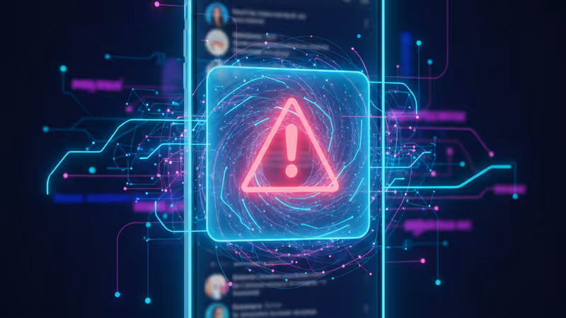 A smartphone screen showing a warning label pop-up over a social media feed.