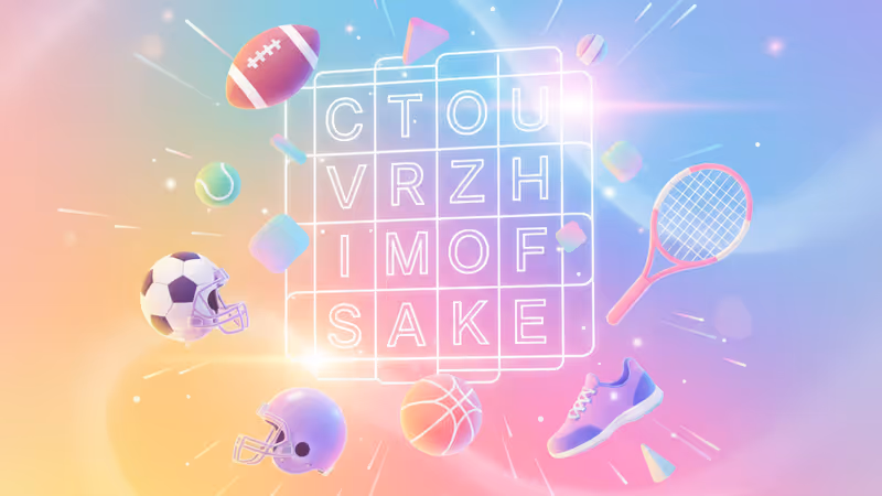 스포츠 단어들이 배열된 디지털 퍼즐 화면과 축구공