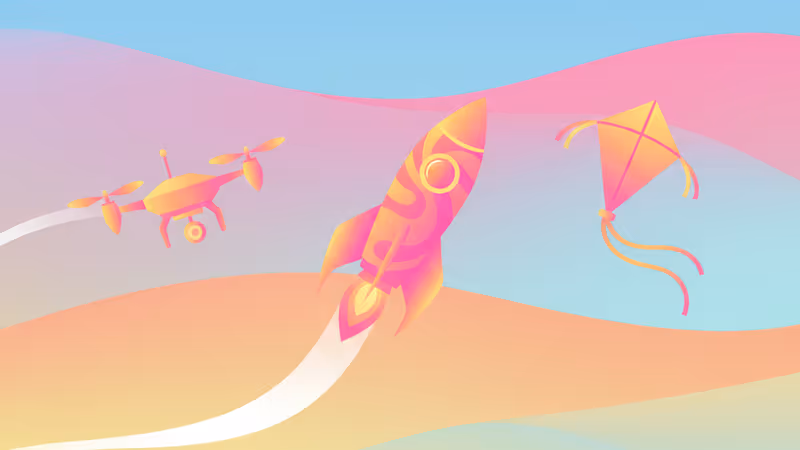 數位字母網格與天空背景融合，畫面中有火箭和鳥類的剪影正向上飛行。