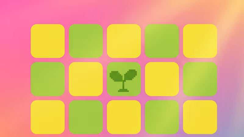 초록색과 노란색 타일로 구성된 워들 퍼즐 그리드와 식물 싹