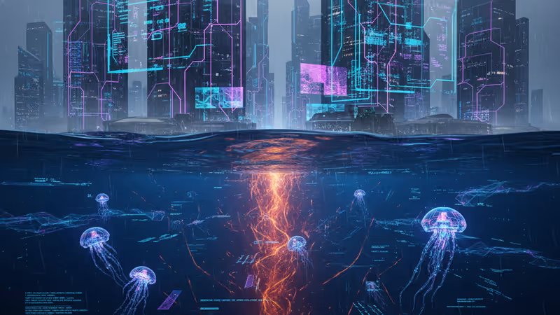 Visualization of orange heat energy flowing into the deep ocean with climate data overlays