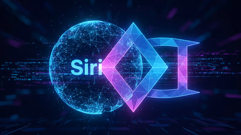 애플 시리와 구글 제미나이의 기술적 결합을 상징하는 추상적인 이미지