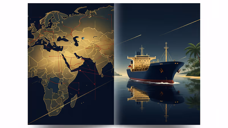 원유 수송선이 항구를 떠나는 모습과 중동 지도의 결합