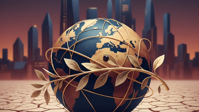 갈라진 지표면 위에 놓인 올리브 가지와 희미하게 보이는 도시 풍경